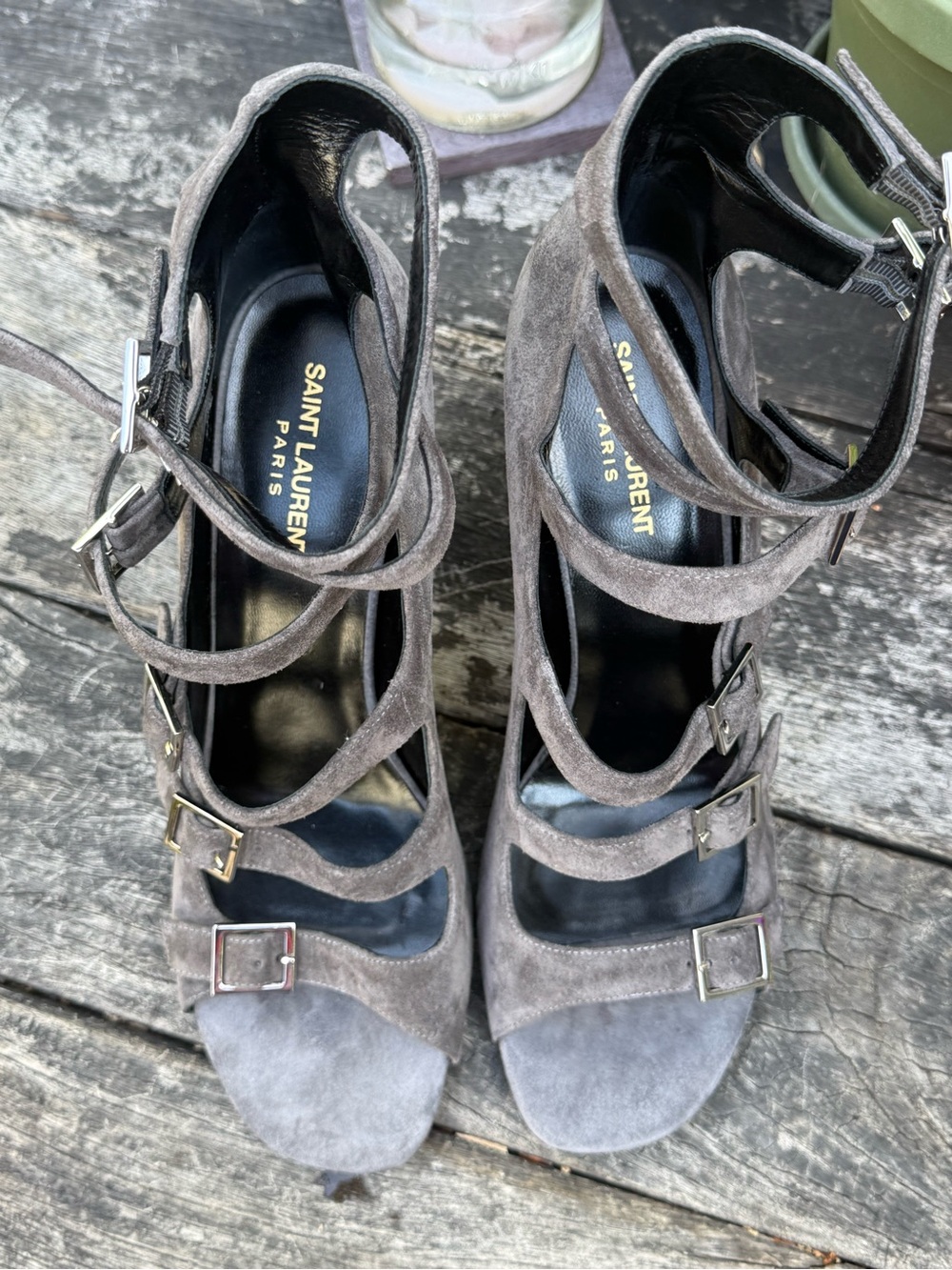Saint Laurent Gray Suede Multi‑Strap Block Heel Sandals 41.5 - Picture 6 of 10